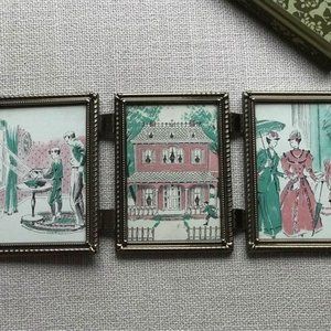 Vintage Brass Trifold Framed Victorian Prints